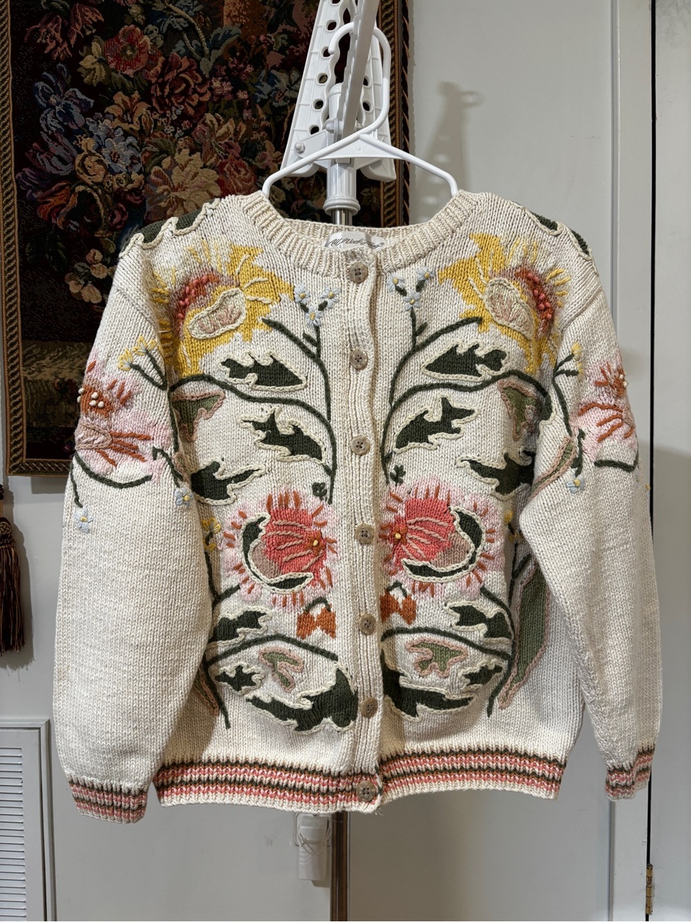 Vintage All That Jazz 100% Cotton Embroidered Floral Cardigan Sweater Petite
